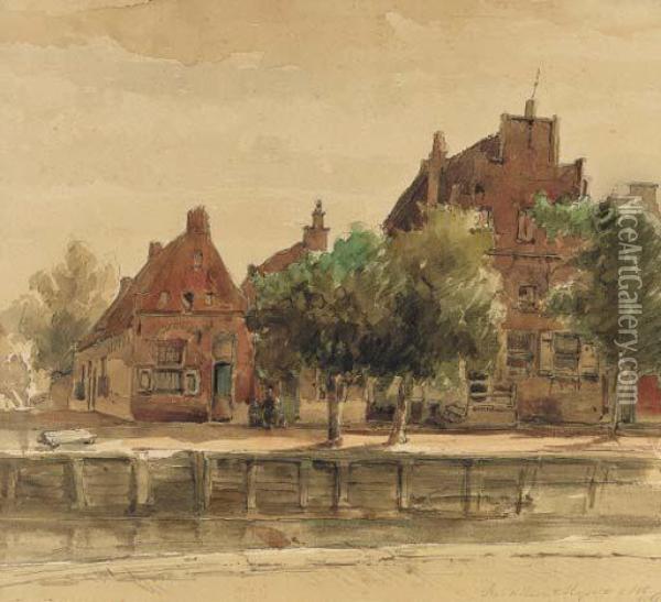 Houses By The Harbour At Hasselt, Overijssel Oil Painting - Cornelis Springer