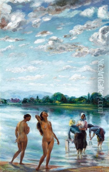 Bathers On The Riverside (lights Above The Danube) Oil Painting - Karoly Kernstok