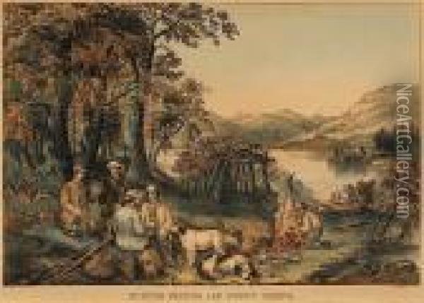Hunting, Fishing And Forest Scenes: Shantying, On The Lake Shore Oil Painting - Currier & Ives Publishers
