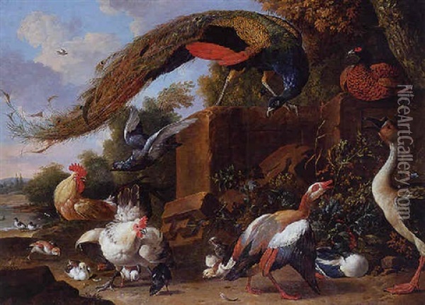 A Peacock Standing On A Plinth With Ducks, A Pheasant, A Cockerel, A Hen And Chicks In A Landscape Oil Painting - Melchior de Hondecoeter