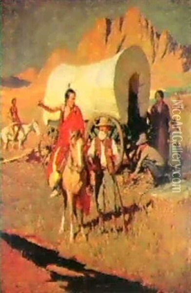 Stopped Wagon With Indians And Settlers Oil Painting - Oscar Edmund Berninghaus