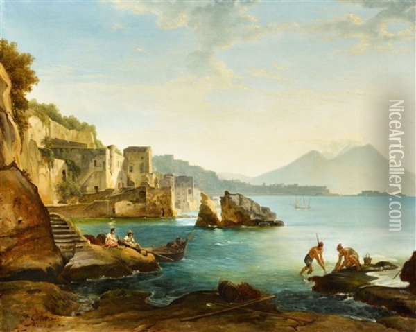 The Bay Of Naples With Fishers And Shell Collectors Oil Painting - Franz Ludwig Catel