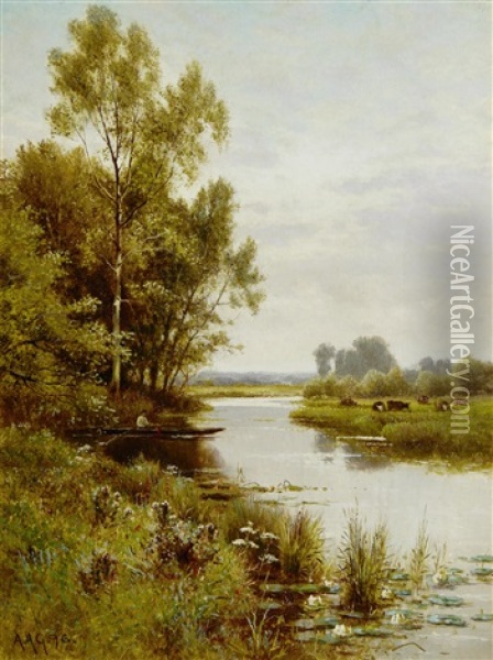 Sheep Grazing (+ Fishing In A Quiet Spot; Pair) Oil Painting - Alfred Augustus Glendening Sr.