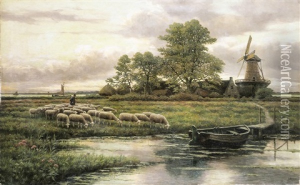 Rivierlandschap Met Schaapherder Oil Painting - Henri Houben