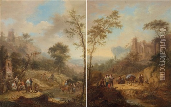 Pair Of Works: Landscapes With Figures Oil Painting - Johann Christian Vollerdt