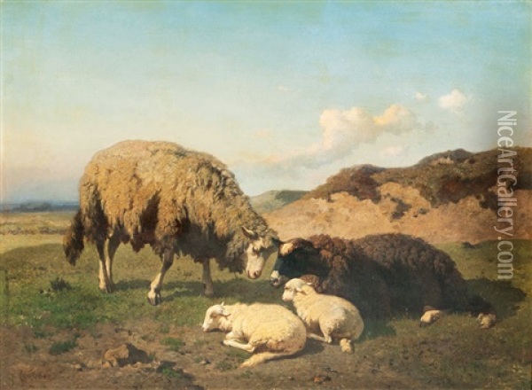 Zwei Schafe Mit Lammern Oil Painting - Louis Robbe