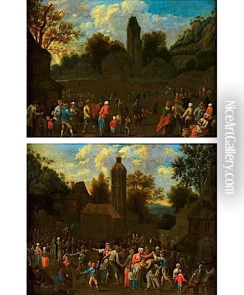 Scene De Marche (+ La Fete Au Village; 2 Works) Oil Painting - Pieter Bout