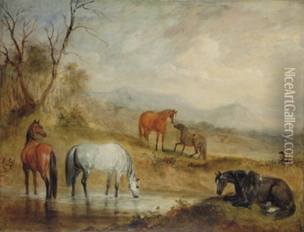 Horses At A Stream In An Extensive Mountainous Landscape Oil Painting - John E. Ferneley
