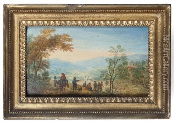 Travellers On A Country Road; Unloading The Boats (2 Works) Oil Painting - Hendrick Frans van Lint