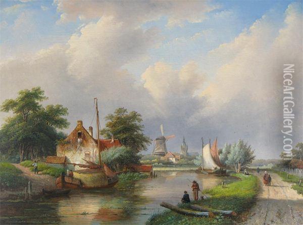 A River Landscape With Fishermen And A Windmill Oil Painting - Jan Jacob Coenraad Spohler