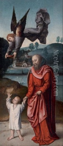 Saint Joseph Et L'enfant Jesus Dans Un Paysage De Riviere Oil Painting - Maitre de Francfort