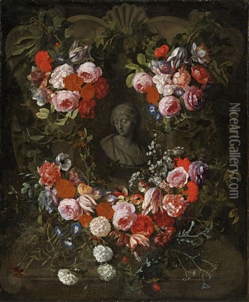 Blumengirlande Um Eine Ornamentkartusche Oil Painting - Hieronymus Galle the Elder