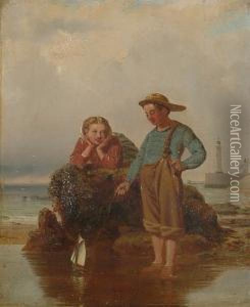 A Summer's Day On The Beach, Children Playing In A Rock Pool Oil Painting - James Stokeld