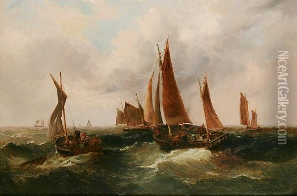 Fishing Boats In Choppy Waters Off Lowestoft Oil Painting - Samuel W. Calvert