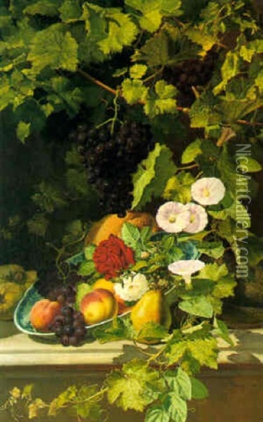 Still Life With Fruit And Flowers Under A Grape Vine Oil Painting - Otto Didrik Ottesen