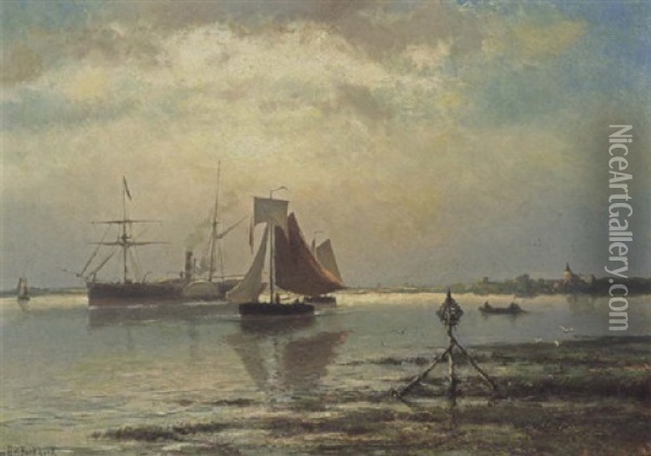 Shipping In An Estuary Oil Painting - Johannes Hermanus Barend Koekkoek