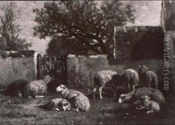 Weidende Schafe Vor Einer Mauer Des Gehofts Oil Painting - Felix Saturnin Brissot de Warville