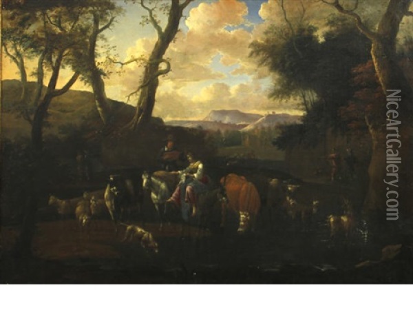 An Extensive Landscape With Cattle And Figures By A Stream Oil Painting - Michiel Carree