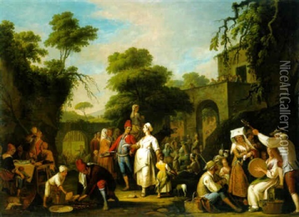 A Tarantella With Villagers Feasting And Making Music By A Villa Oil Painting - Pietro Fabris