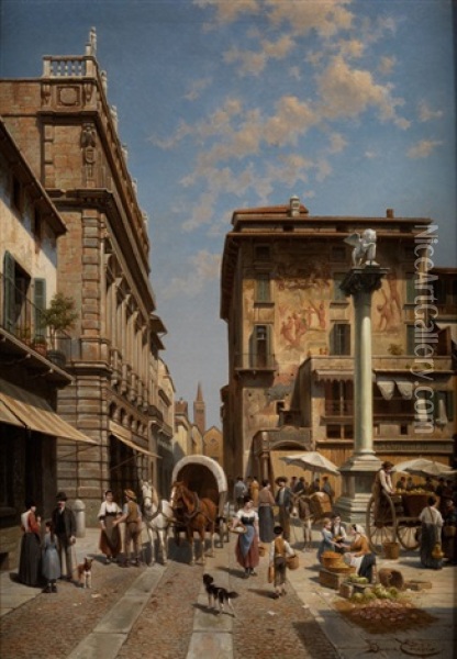 Piazza Delle Erbe, Verona Oil Painting - Jacques Francois Carabain