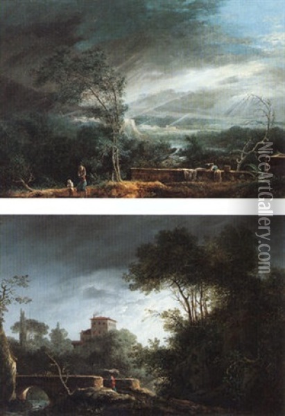 Southern Landscape With Washerwomen Beneath A Lowering Sky Oil Painting - Jules Cesar Denis van Loo