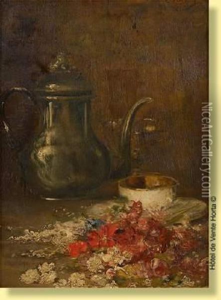 Nature Morte A La Cafetiere Et Jetee De Fleurs Oil Painting - Antoine Vollon