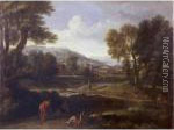 Classical Landscape With Figures And A Lake In The Foreground Oil Painting - Gaspard Dughet Poussin