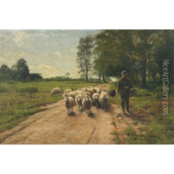 Farmer Leading His Flock On A Sunlit Lane Oil Painting - A. Bryan Wall