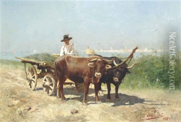 An Oxen Drawn Cart Before The Venetian Lagoon Oil Painting - Leo A. Malempre