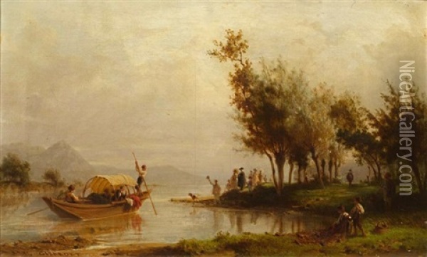 Landschaft Mit Einem Schiff Und Figuren An Einem See Oil Painting - Karl Girardet