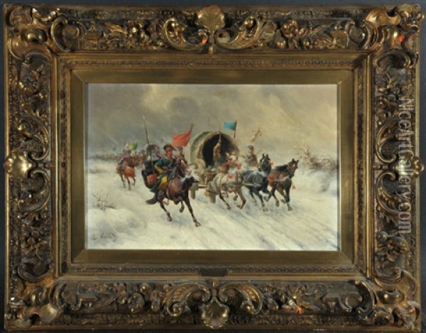 Goldtransport In Sibirien Oil Painting - Adolf (Constantin) Baumgartner-Stoiloff