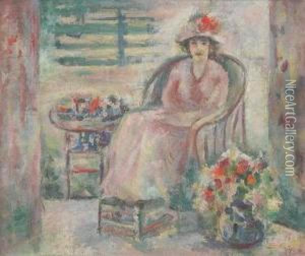 Lady With Hat Seated On Veranda Oil Painting - Sarah Sewell Munroe