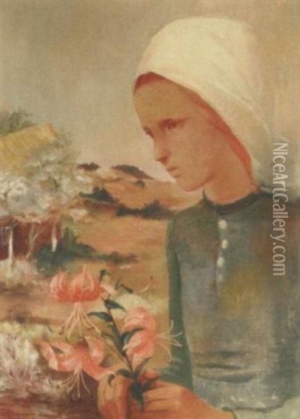 Madchen Mit Feuerlilien - Girl With Lilies Oil Painting - Fritz Burmann