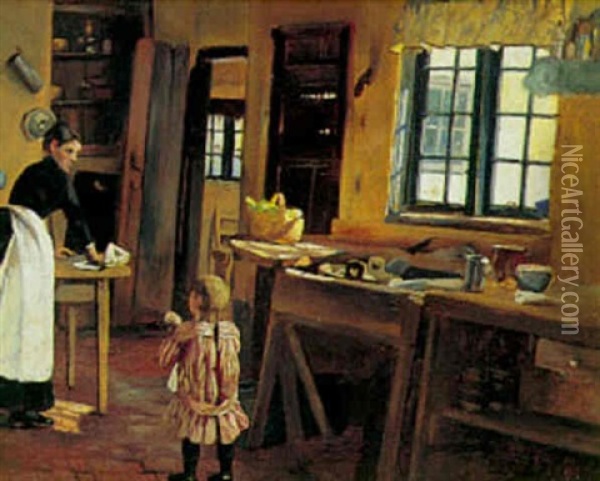 Interior Fra Et Kokken, En Lille Pige Viser Sin Mor En Dukke Oil Painting - Carl Carlsen