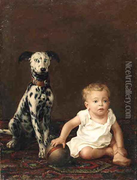 A young boy and a dalmation Oil Painting - Victorian School