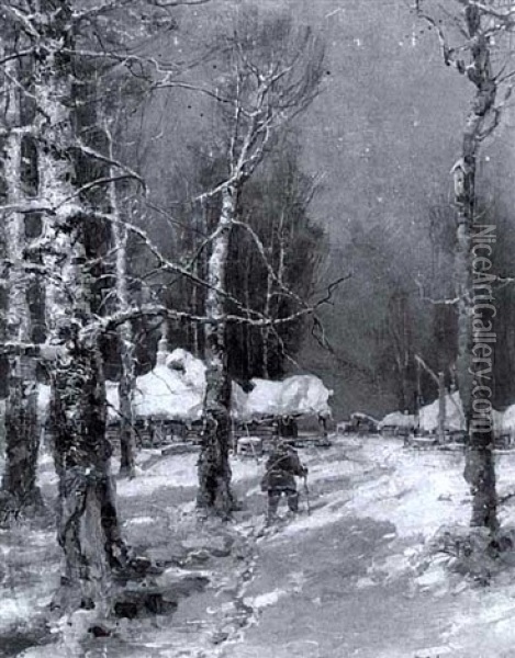 Winterwald Mit Schneebedeckten Holzhutten Oil Painting - Yuliy Yulevich (Julius) Klever