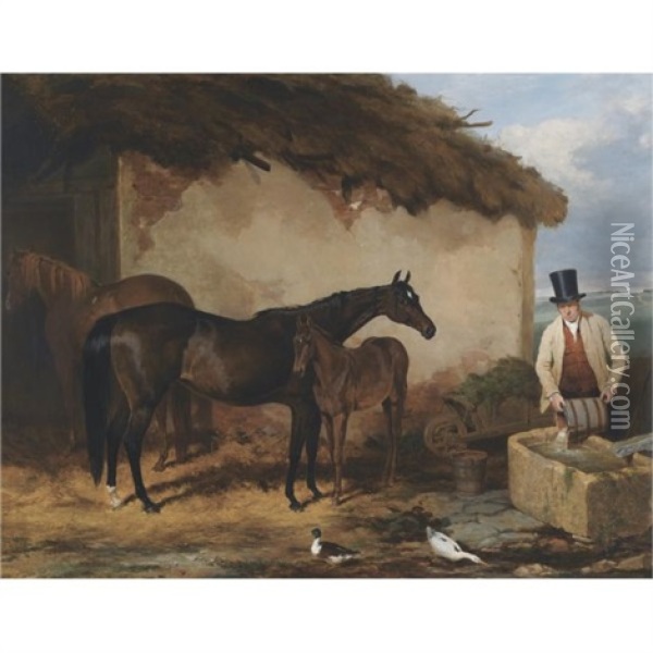 The Mare "perhaps" And A Foal At Newmarket Oil Painting - Harry Hall