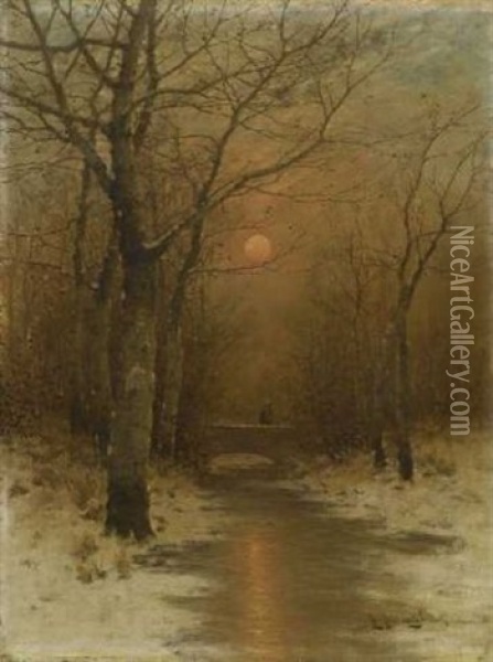 Winterlicher Bachlauf Im Abendlicht Oil Painting - Johann Jungblut