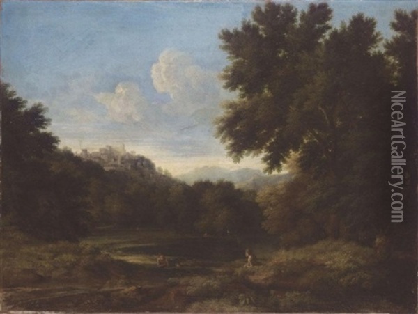 An Italianate Landscape With Figures Resting Near A Pond, A Fortified Hilltop Town Beyond Oil Painting - Gaspard Dughet