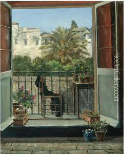 Udsigt Fra En Balkon I Rom Oil Painting - Thorald Laessoe