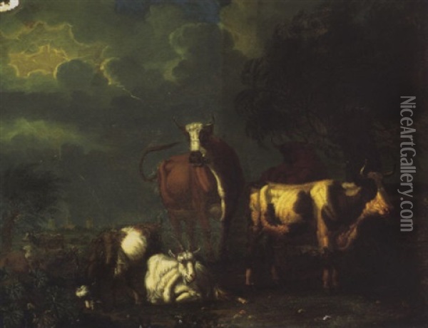 Cows And Goats Grazing In A Thunderstorm Oil Painting - Jan van Gool