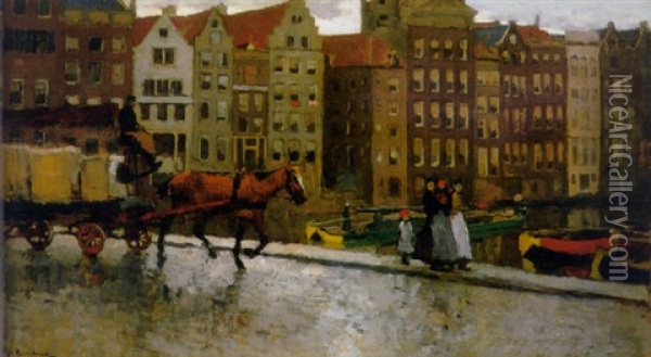 A Working Horse Pulling A Loaded Wagon On The Prins Hendrikkade, Amsterdam, With The Damrak Beyond Oil Painting - George Hendrik Breitner
