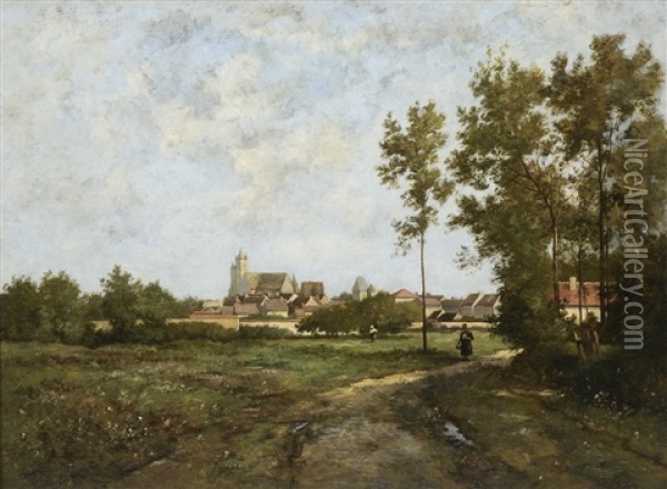 View Of A Town From A Road Oil Painting - Leon Richet