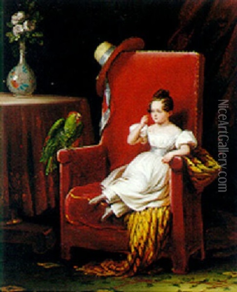Her Favorite Pet Oil Painting - Edouard Henri Theophile Pingret