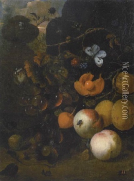 A Still Life With Peaches, Plums, Grapes And Blackberries By A Pedestal Oil Painting - Jan Mortel