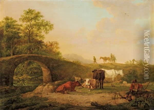 Landschaft Mit Hirten Und Herde An Einer Brucke Oil Painting - Johann Christian Klengel