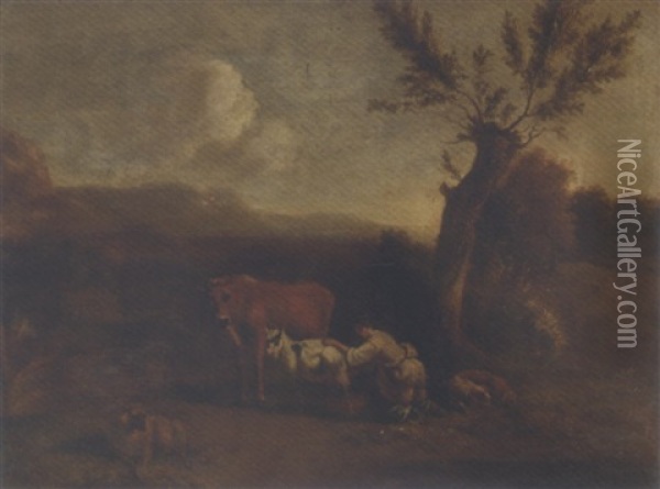 A Pastoral Landscape With A Milkmaid By A Pollard Willow Oil Painting - Simon van der Does