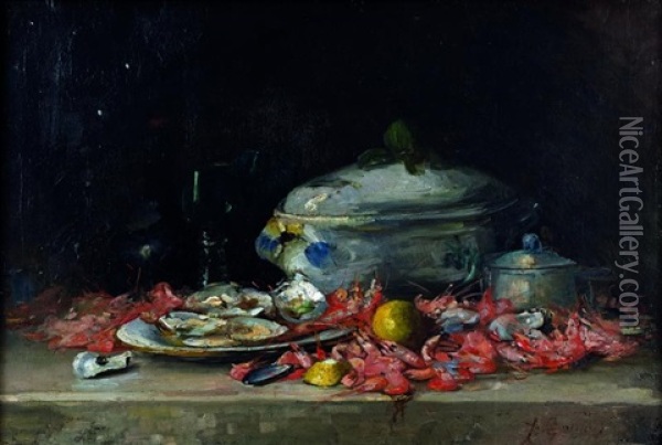 Soupiere Et Fruits De Mer Oil Painting - Alfred-Benoit Caillaud