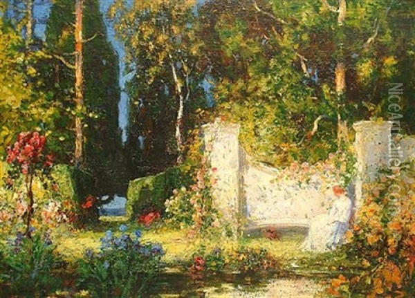 Lady In A White Dress Seated In A Garden Oil Painting - Thomas Edwin Mostyn