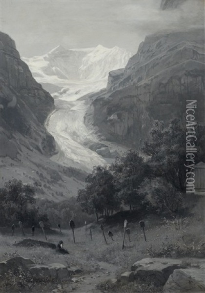 View Of Grindelwald Glacier From A Churchyard Oil Painting - Otto Froelicher